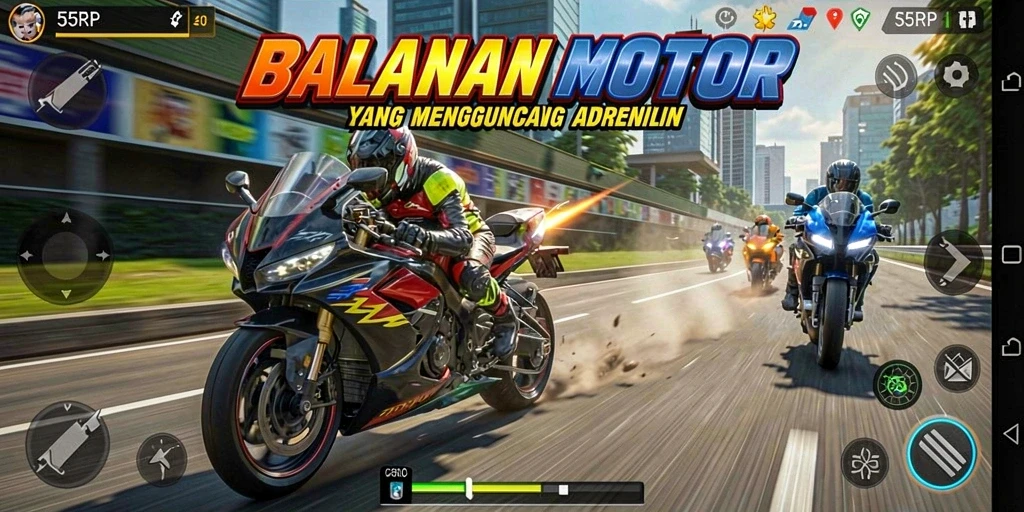 Gameplay balapan motor yang menarik dengan grafik yang memukau.