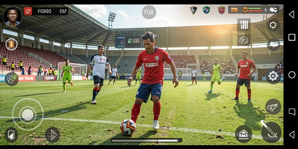 Tangkapan layar utama FO8 menampilkan aksi sepak bola yang mendebarkan.