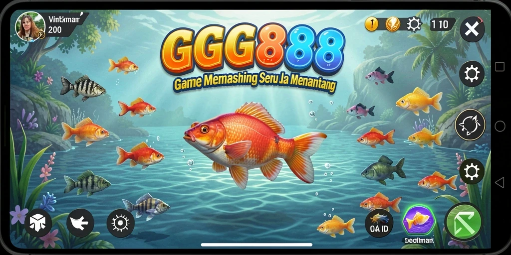 Screenshot menunjukkan pemain menangkap ikan besar dengan latar belakang indah.