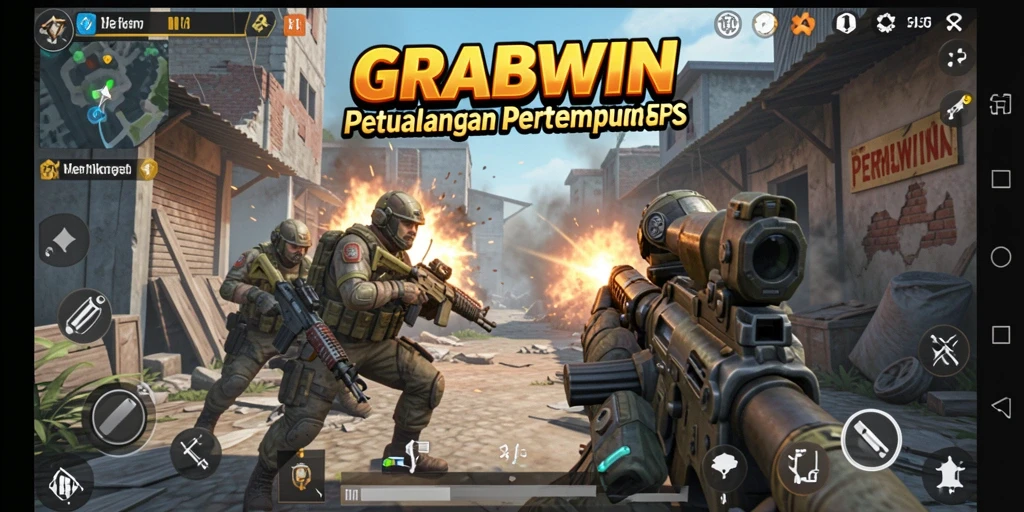 Screenshot gameplay GRABWIN yang intens di medan perang FPS.