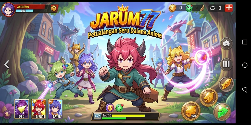 Tampilan gameplay JARUM77 dengan karakter Anime yang stylish.