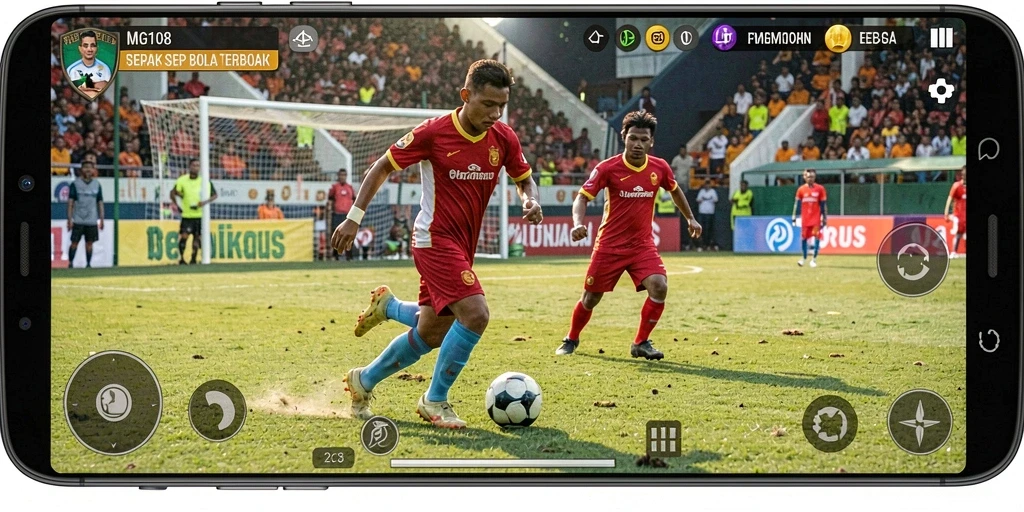 Tampilan gameplay seru dari MG108 dengan aksi sepak bola nyata.