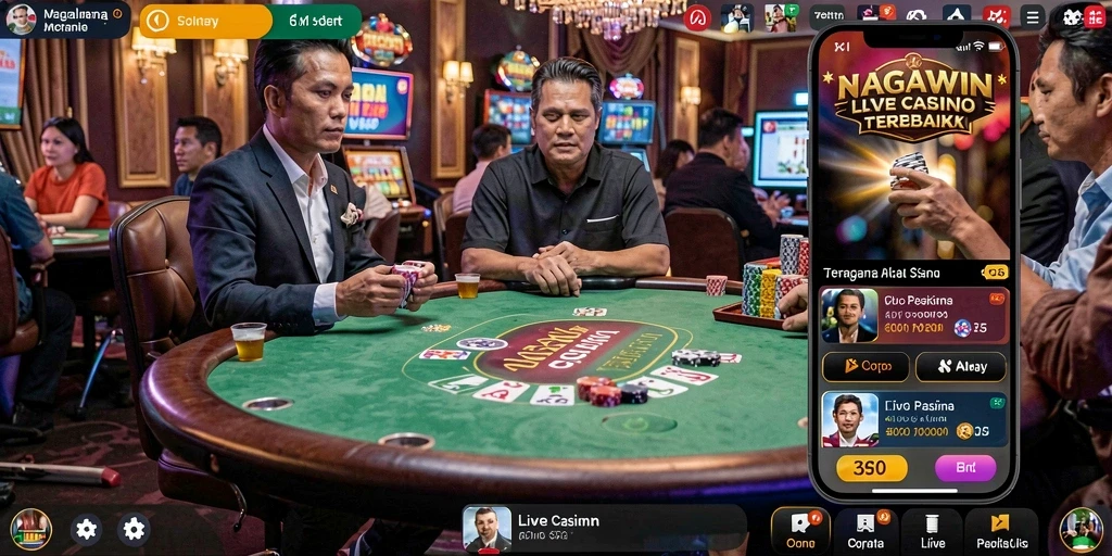 Tampilan gameplay NAGAWIN dengan dealer langsung dan suasana kasino.