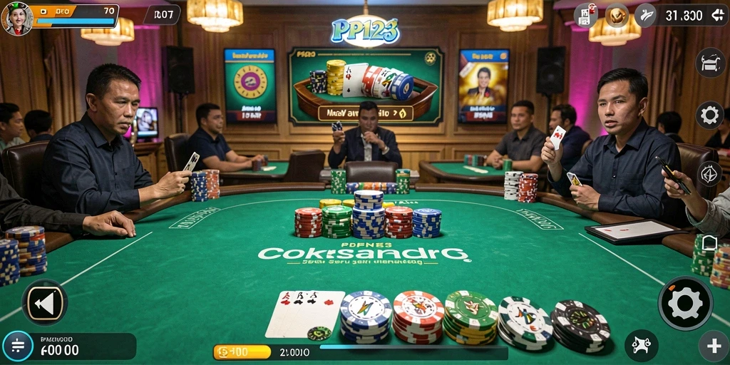 Screenshot PP123 menunjukkan gameplay poker yang mendebarkan dan interaktif.