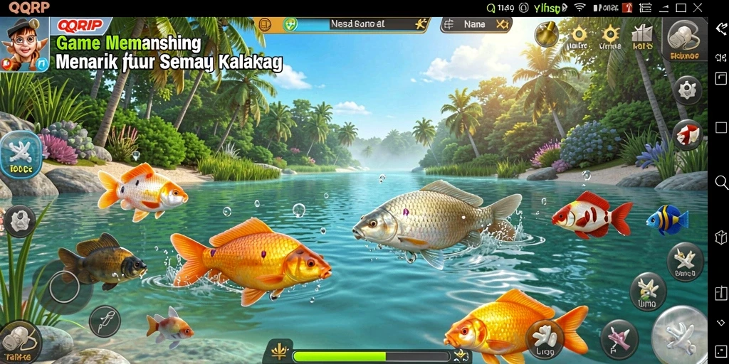 Tampilan gameplay menarik dalam QQRP saat memancing di danau.