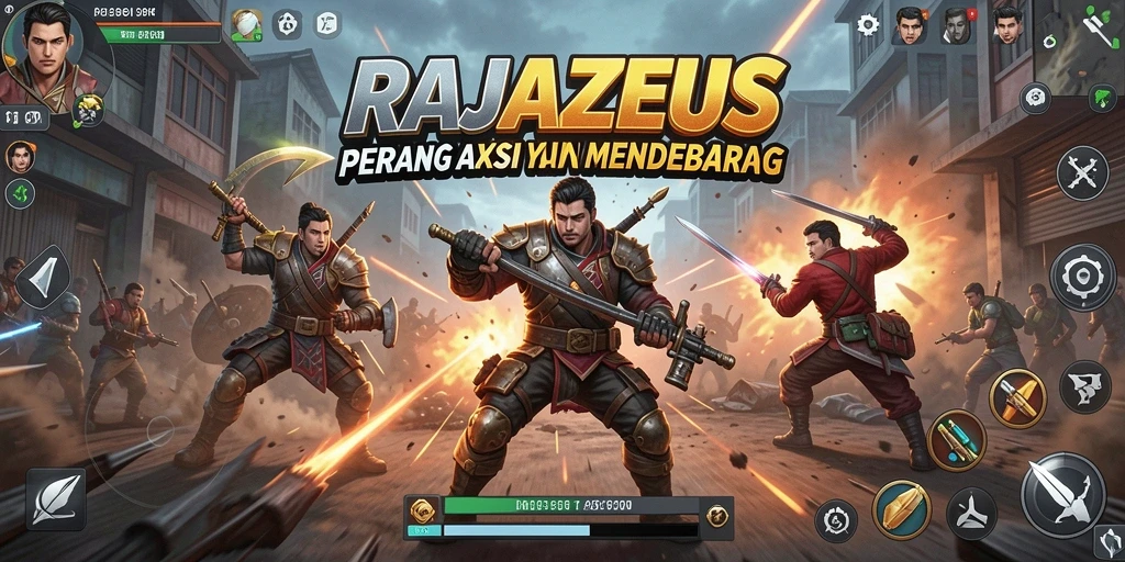 Tangkapan layar permainan RAJAZEUS menampilkan aksi mendebarkan di medan perang.