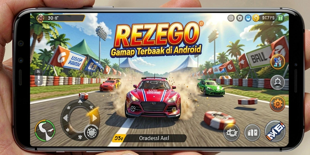 Screenshot gameplay REZEGO menampilkan balapan seru di trek yang menantang.