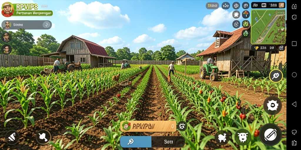 Tampilan gameplay RPVIP8 yang menggambarkan pertanian yang aktif dan produktif.
