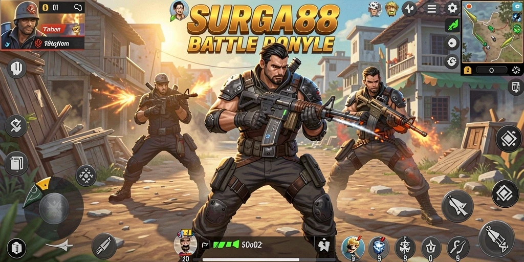 Tangkapan layar SURGA88 menampilkan aksi mendebarkan dalam arena Battle Royale.