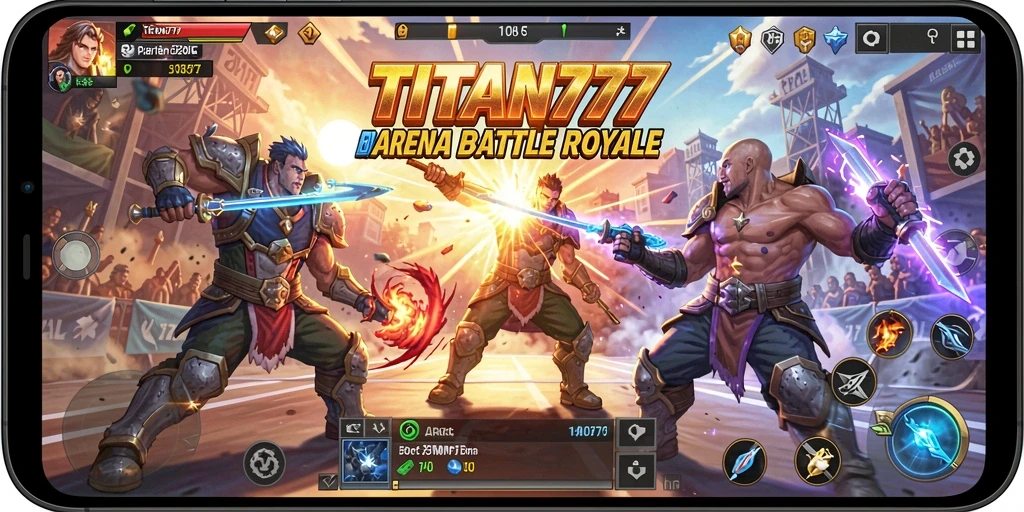 Screenshot utama TITAN777 menunjukkan aksi dramatik pertempuran Battle Royale.