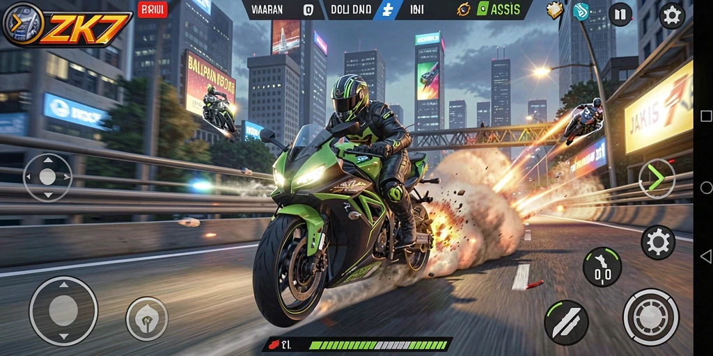 Gameplay mendebarkan di ZK7 dengan aksi balapan motor yang cepat.